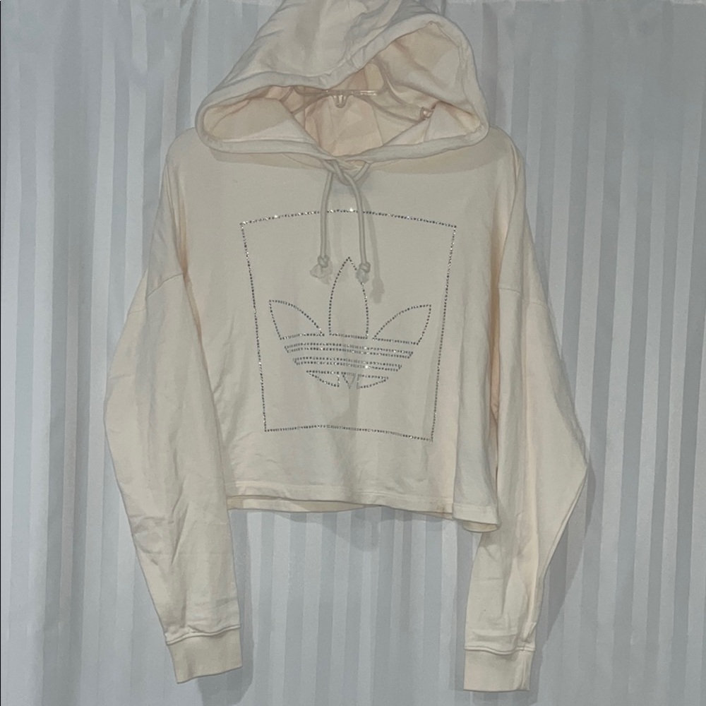 Adidas Off-White Cropped Hoodie With Rhinestone Logo Embellishment